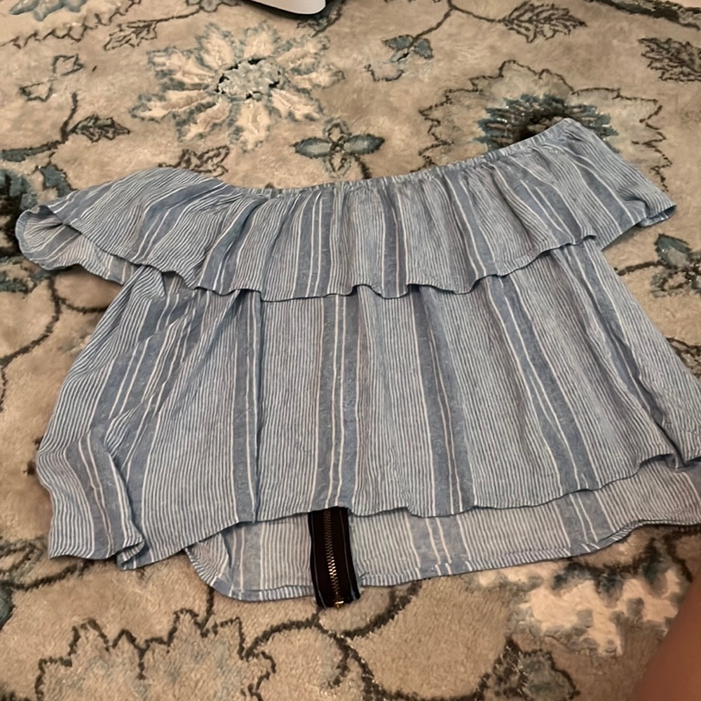 blue and white striped off the shoulder top.